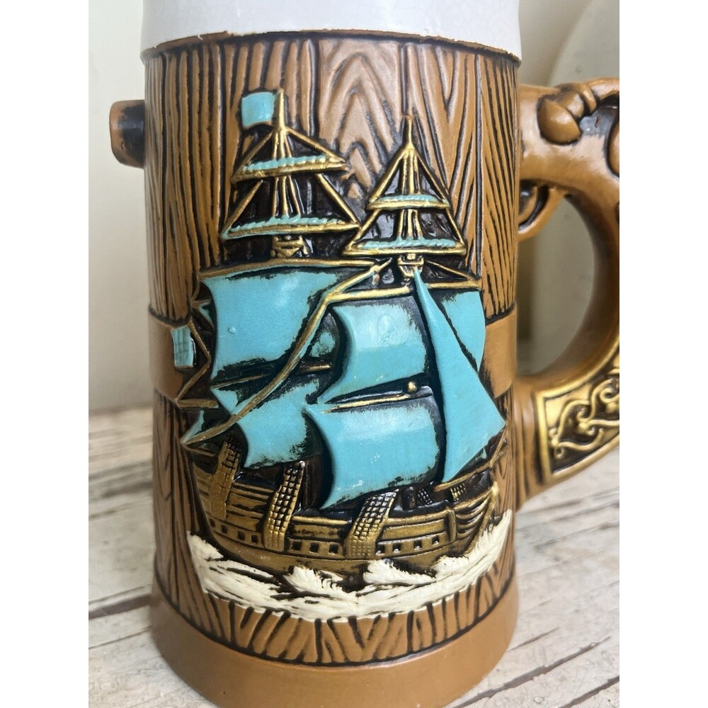 Vintage Nautical Clipper Ship Musket Handle Ceramic Beer Stein Norleans Japan